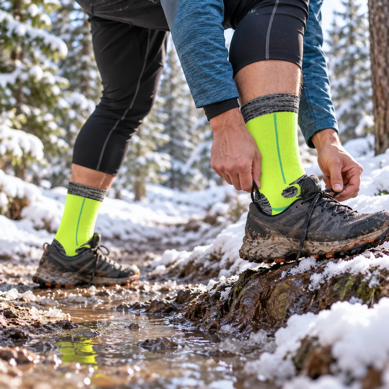 Neon yellow waterproof socks worn for a snowy trail run