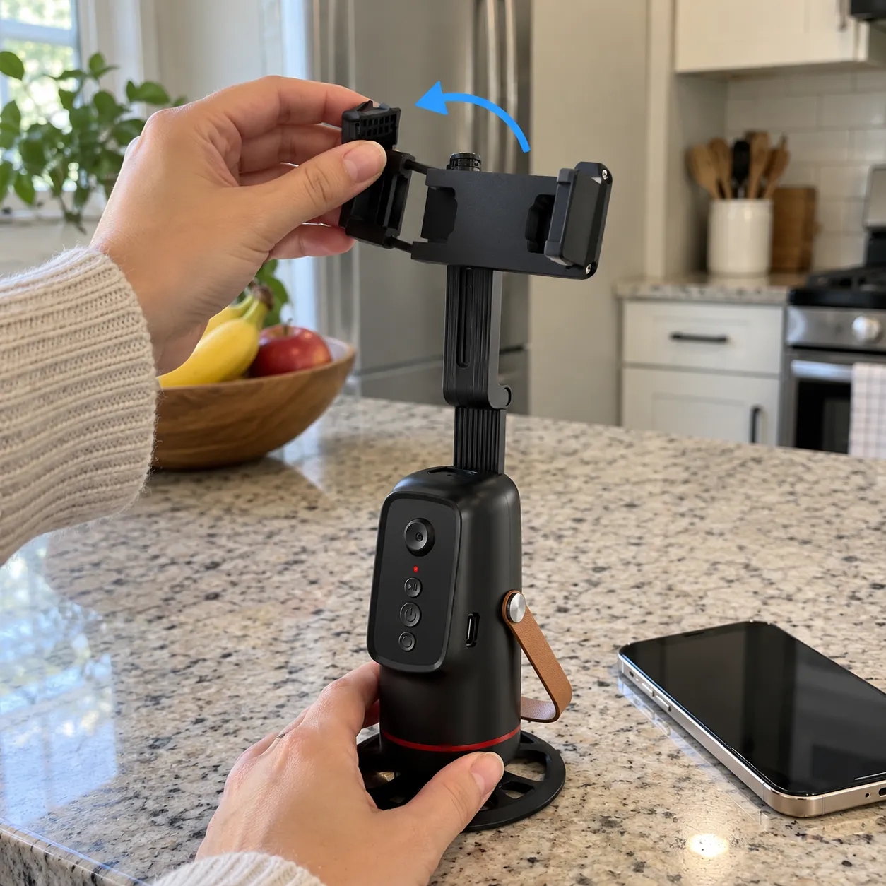 Hand adjusting the Q03 phone cradle between portrait and landscape positions