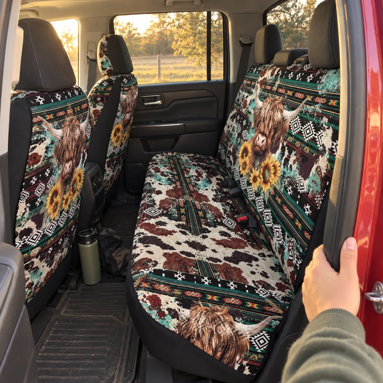 Western Bloom Highland-Rind-Komplettset für Autositzbezüge – Produktabbildung