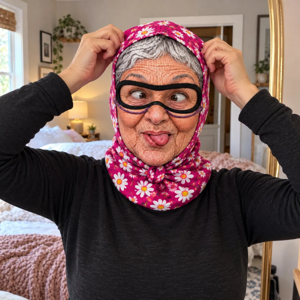 Putting on the pink daisy granny face balaclava
