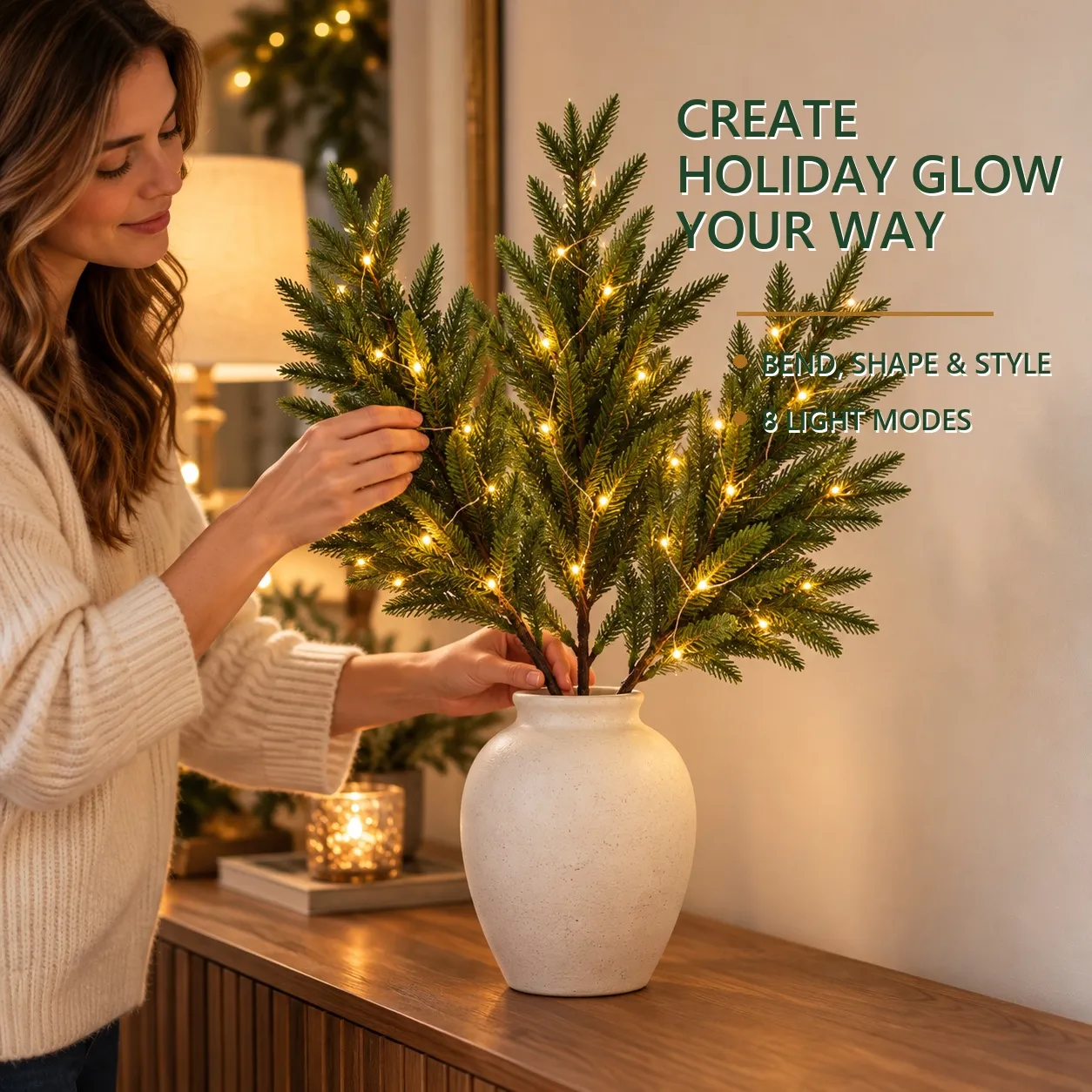 Five lighted Norfolk pine stems arranged in a vase — shape your holiday glow