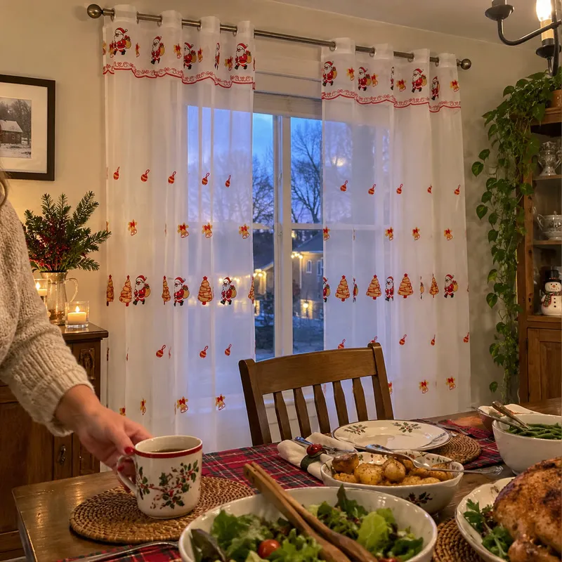 Daylight passing through the Christmas sheer curtain in a dining room
