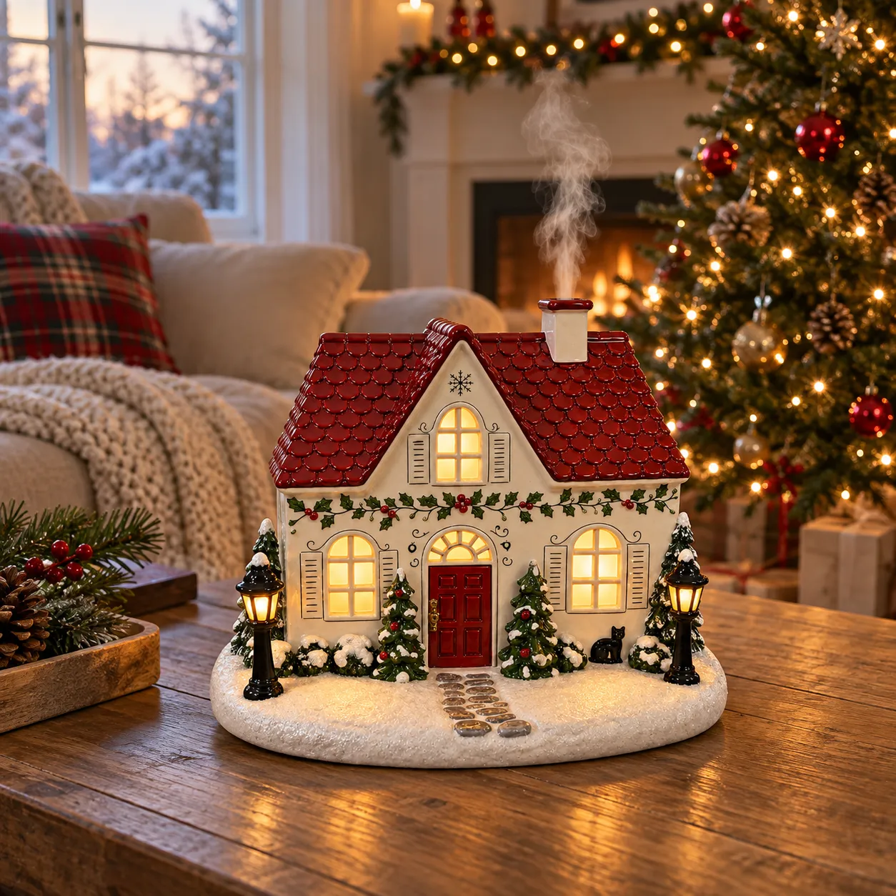 Whisker Cottage diffuser in a cozy Christmas living room