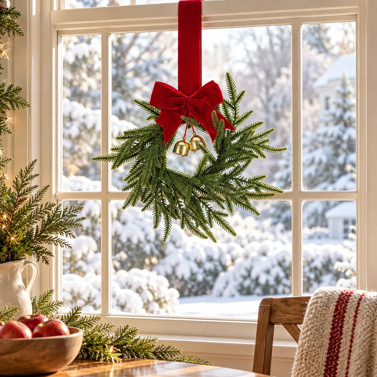 Norfolk pine bell wreath in a winter window