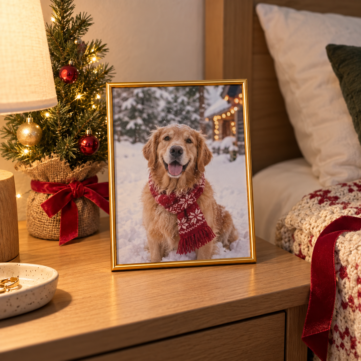 Foto in klantstijl van een kleine gouden lijst met een feestelijke huisdierenfoto