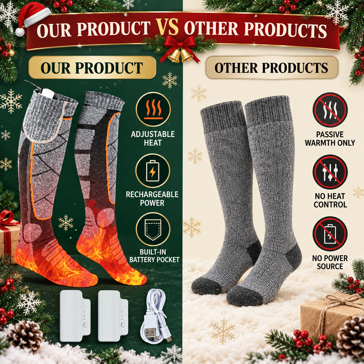Rechargeable heated socks compared with ordinary winter socks