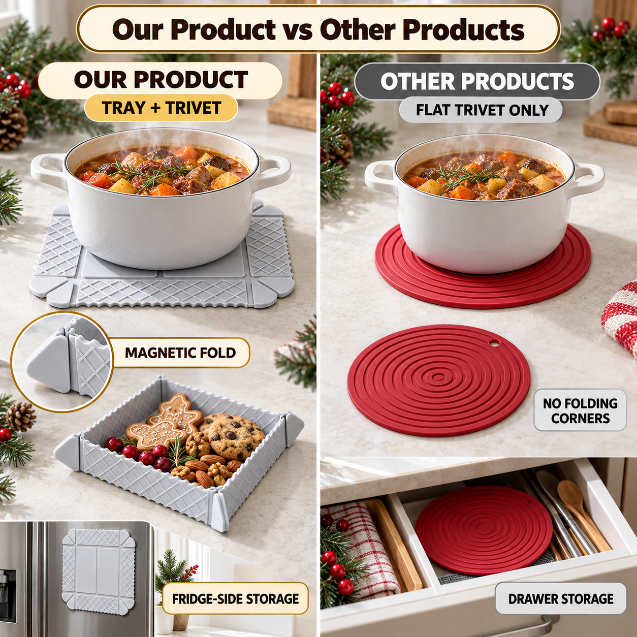 Our foldable tray and trivet compared with an ordinary flat trivet