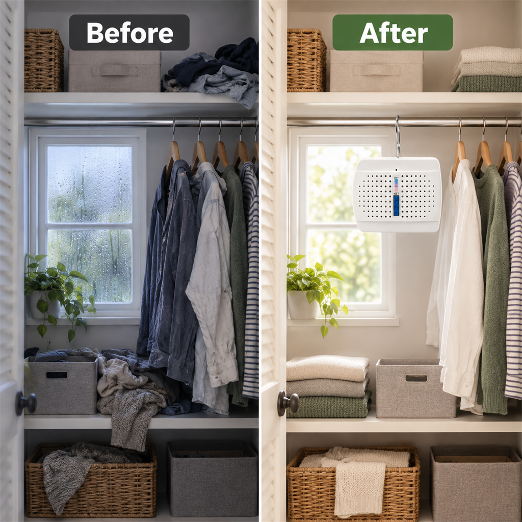 Before and after closet setup with reusable mini dehumidifier
