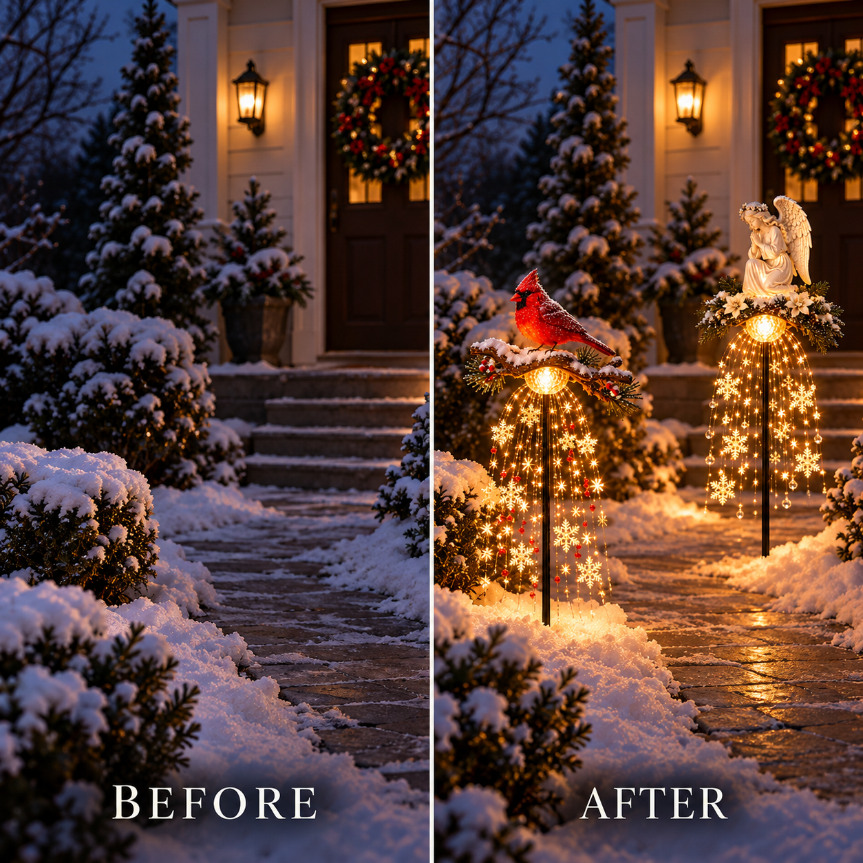 Before and after snowy garden with cardinal and angel lighted stakes