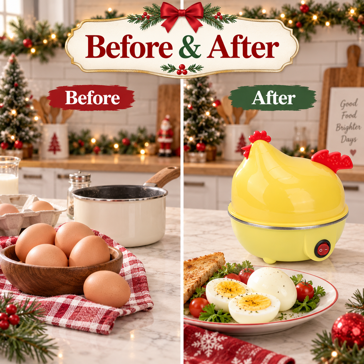 Before and after Christmas breakfast preparation with the egg cooker