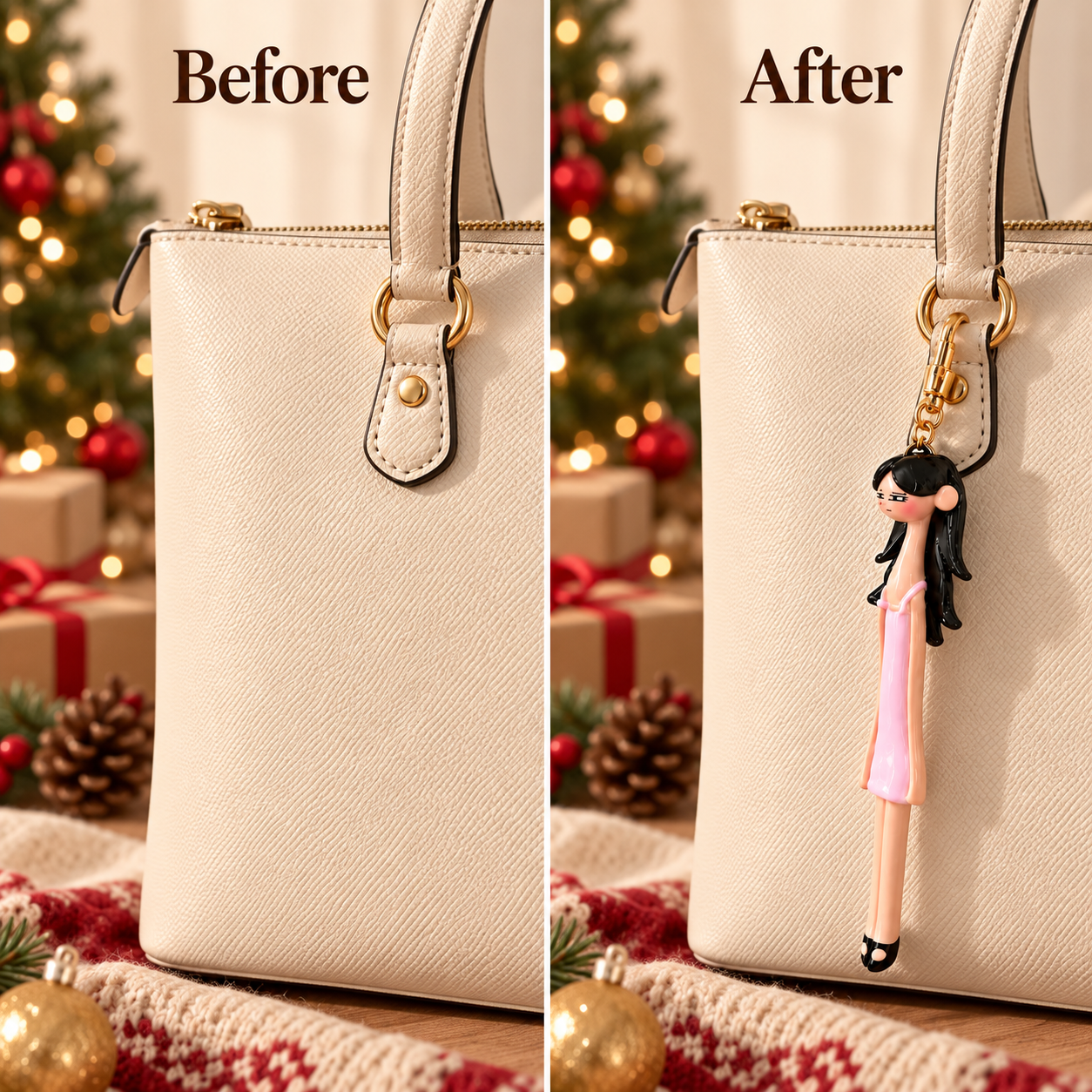 Before and after view of a cream handbag with a doll charm