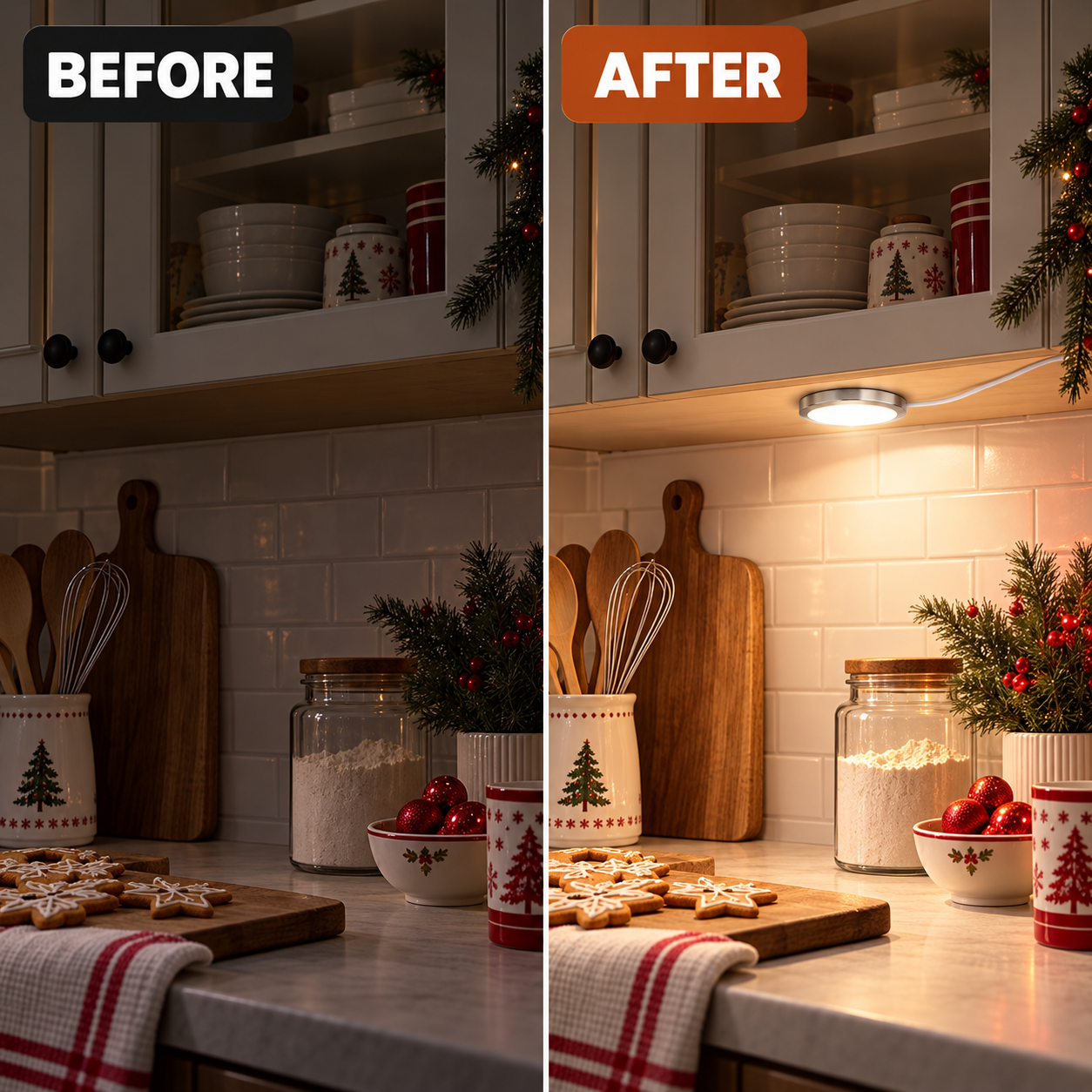 Before and after cabinet lighting comparison