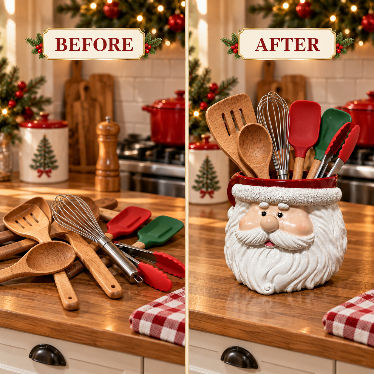 Before and after kitchen utensil organization
