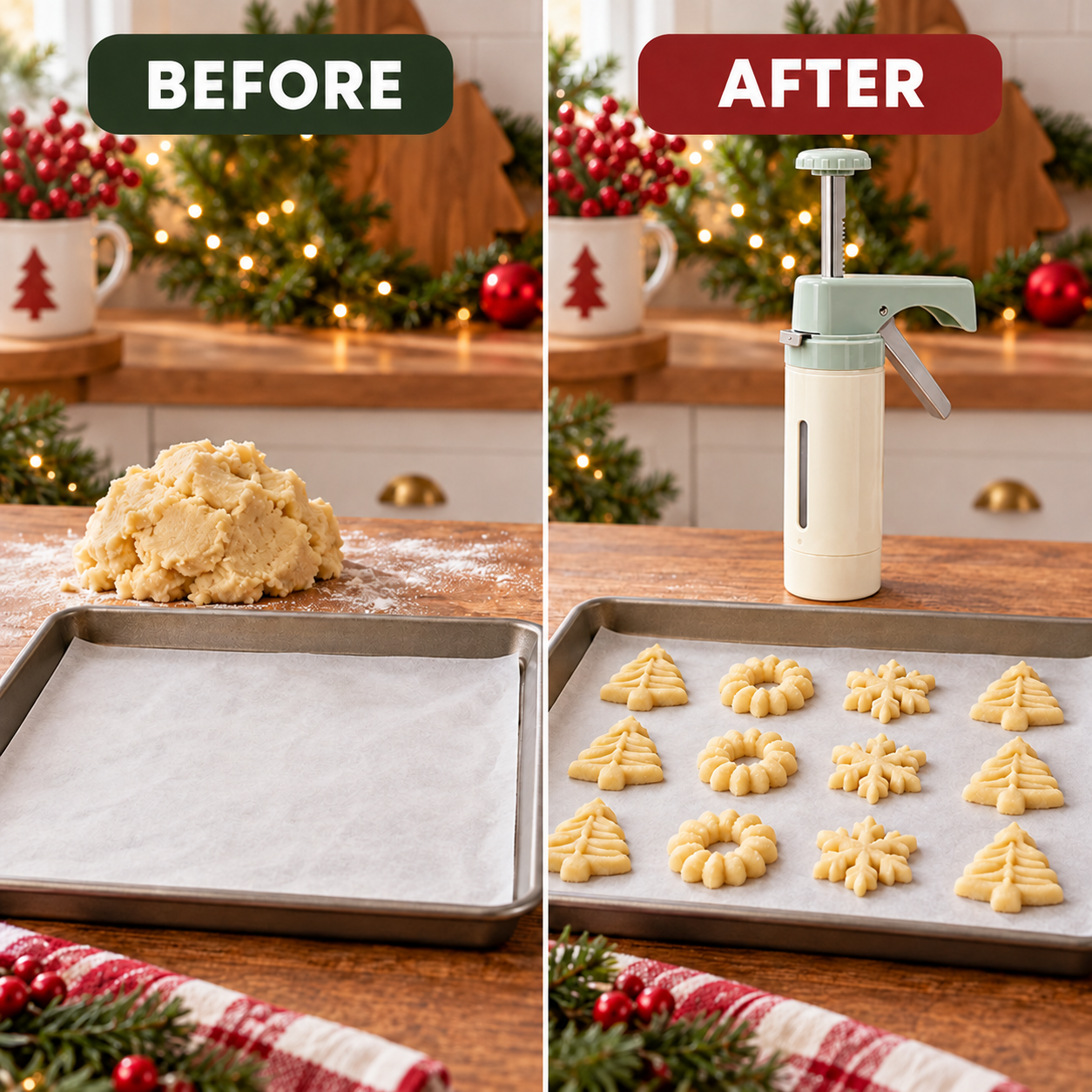 Before and after with the cookie press standing upright on a holiday baking table
