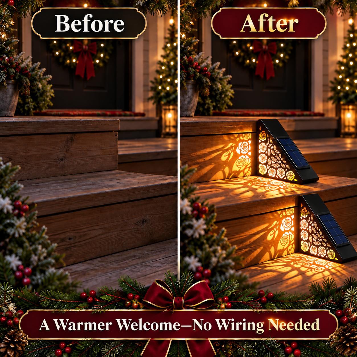Outdoor steps before and after adding the solar step light