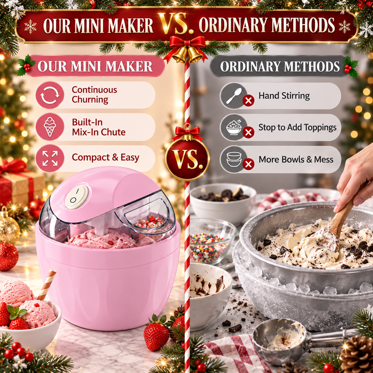 Our compact mini ice cream maker compared with an ordinary manual freezing method