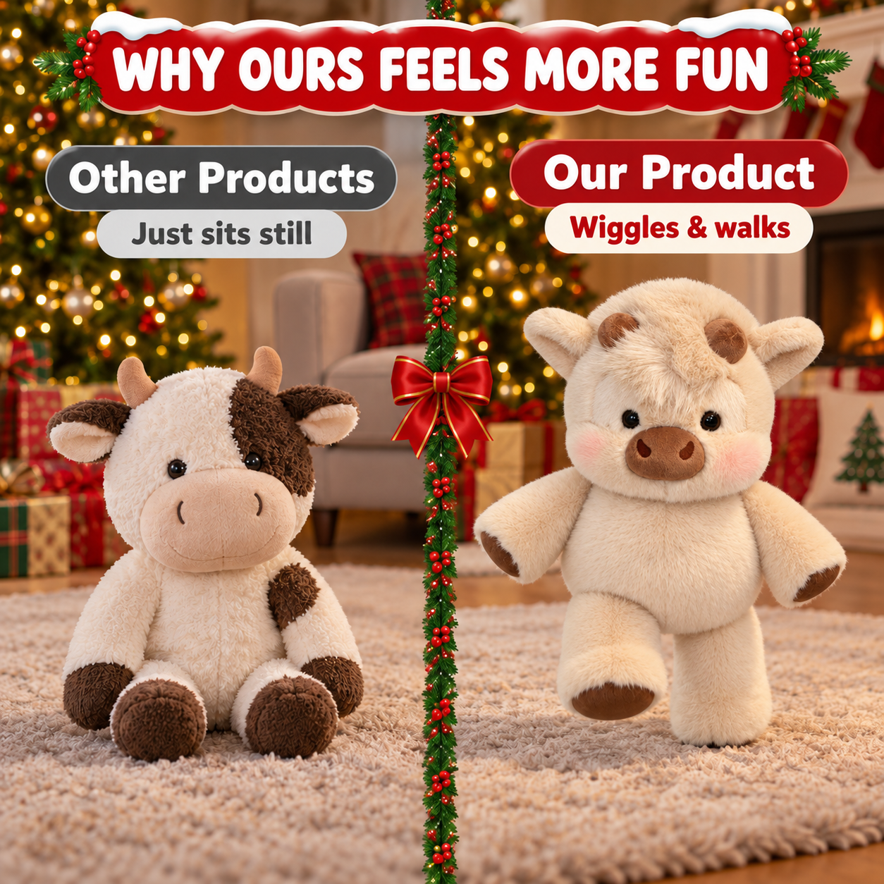 Christmas Running Cow Plush – Wiggles, Walks & Brings Holiday Cheer - 3