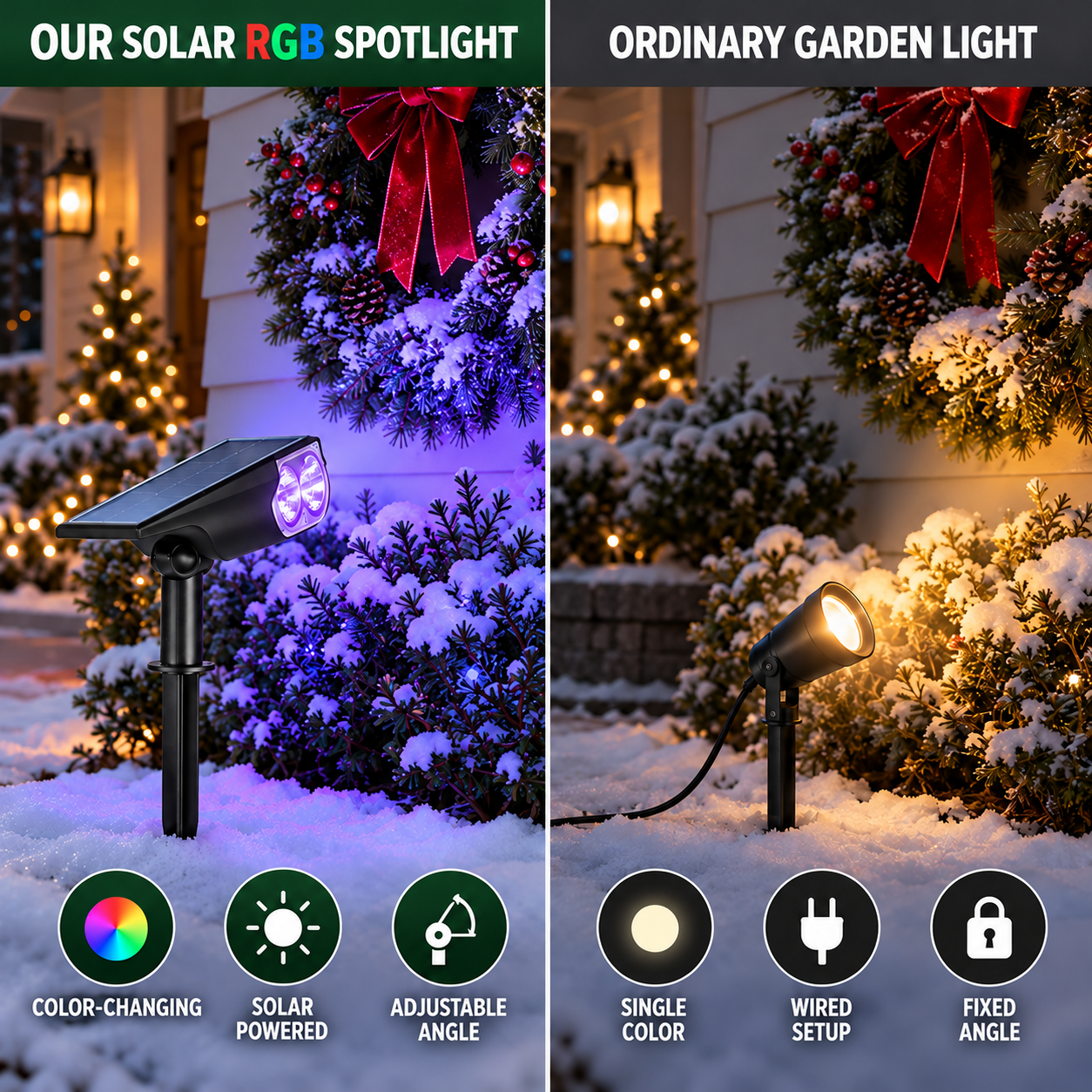 Solar RGB spotlight with matching violet lenses compared with an ordinary garden light