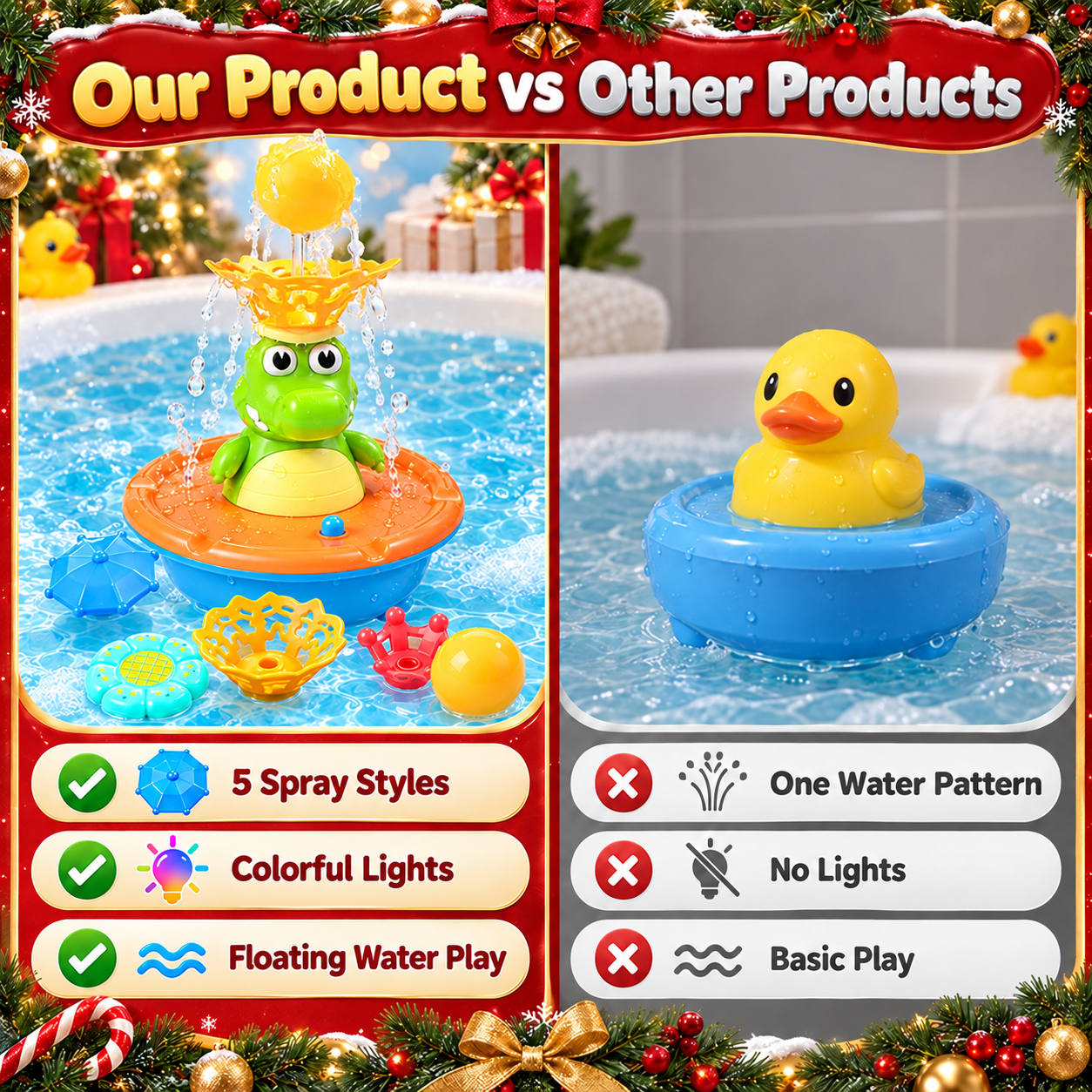 Our crocodile fountain toy compared with a basic bath toy