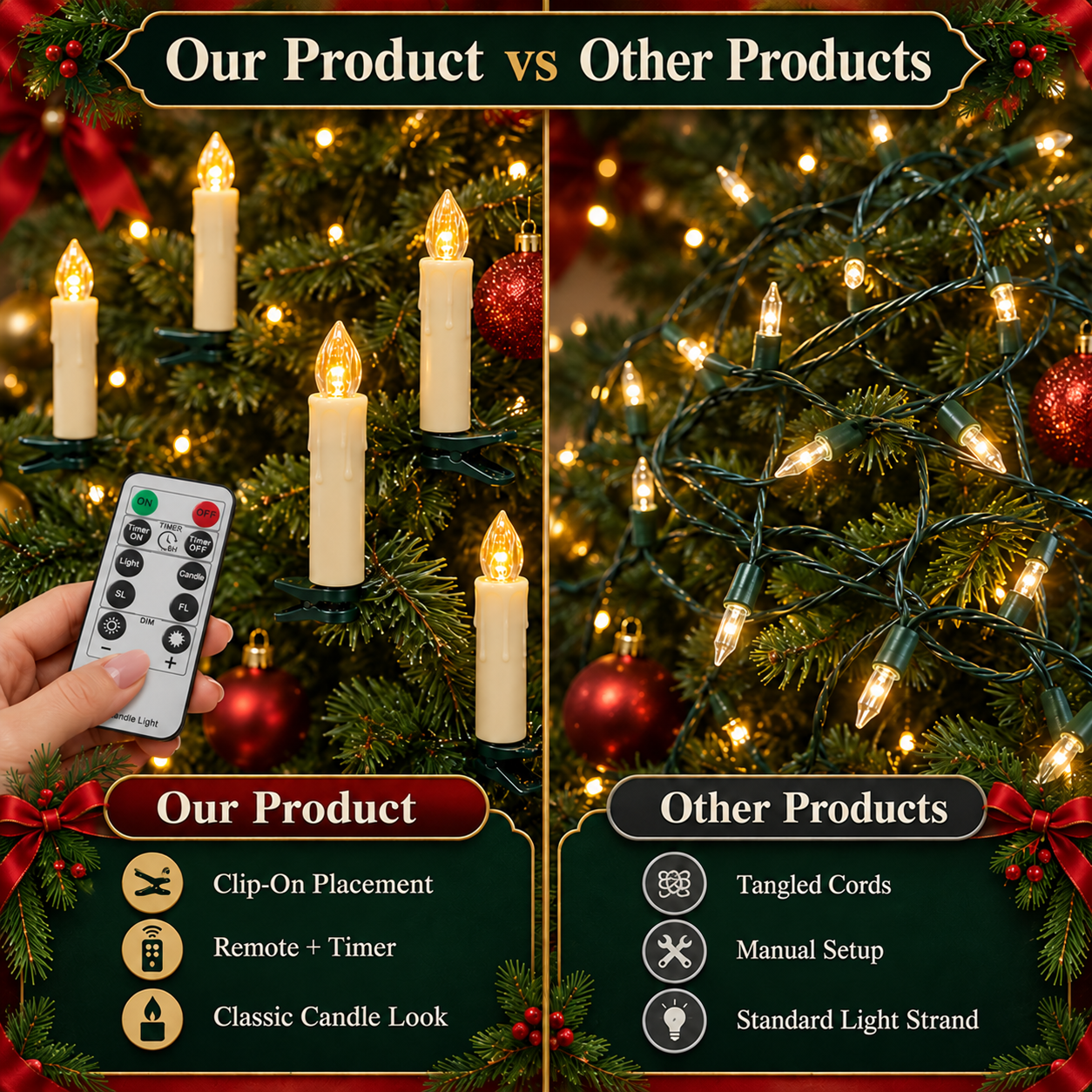 Our clip-on Christmas candles compared with conventional wired light strands