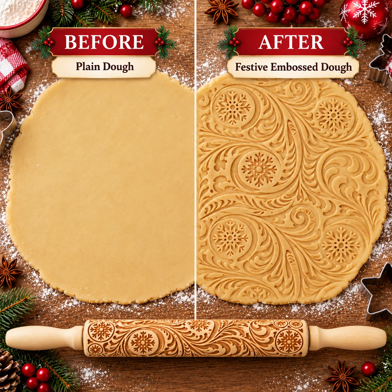 Before and after comparison of plain and festively embossed dough