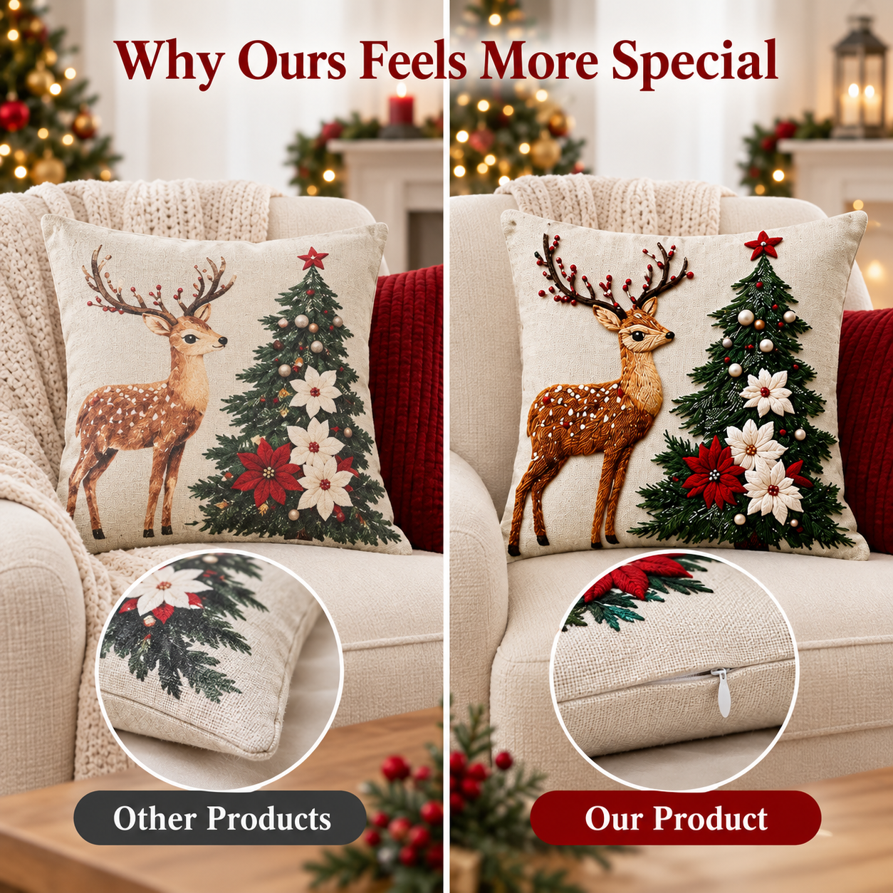 Flat printed Christmas pillow cover compared with dimensional embroidered pillow cover