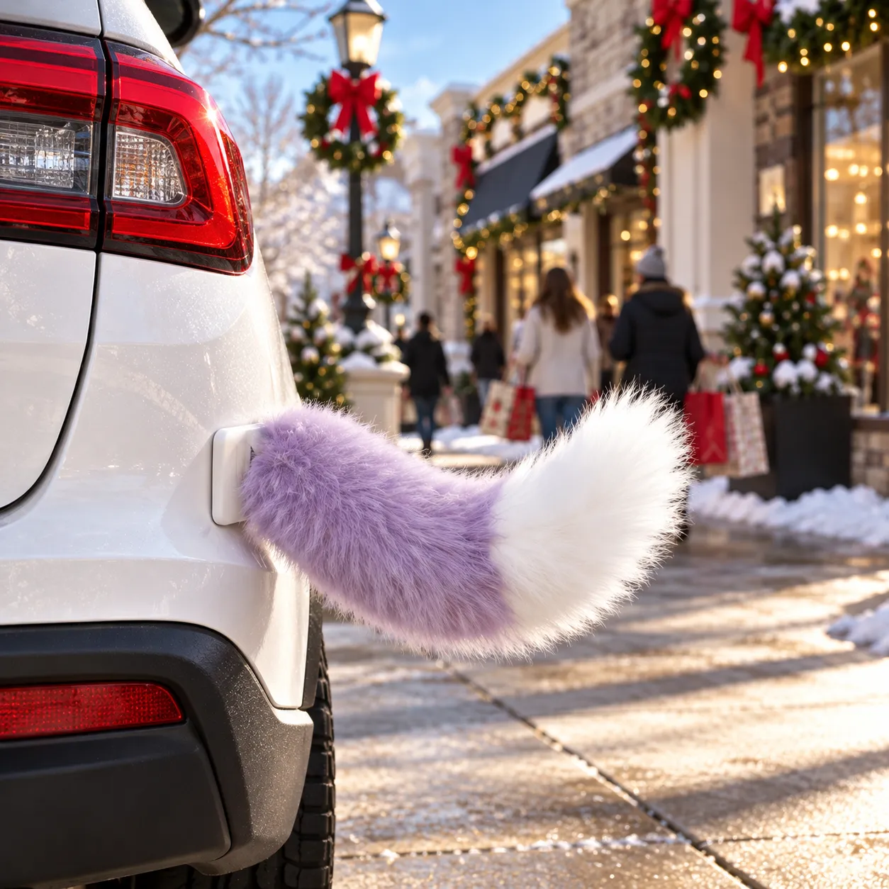Lavender and white wagging car tail outside a Christmas shopping center