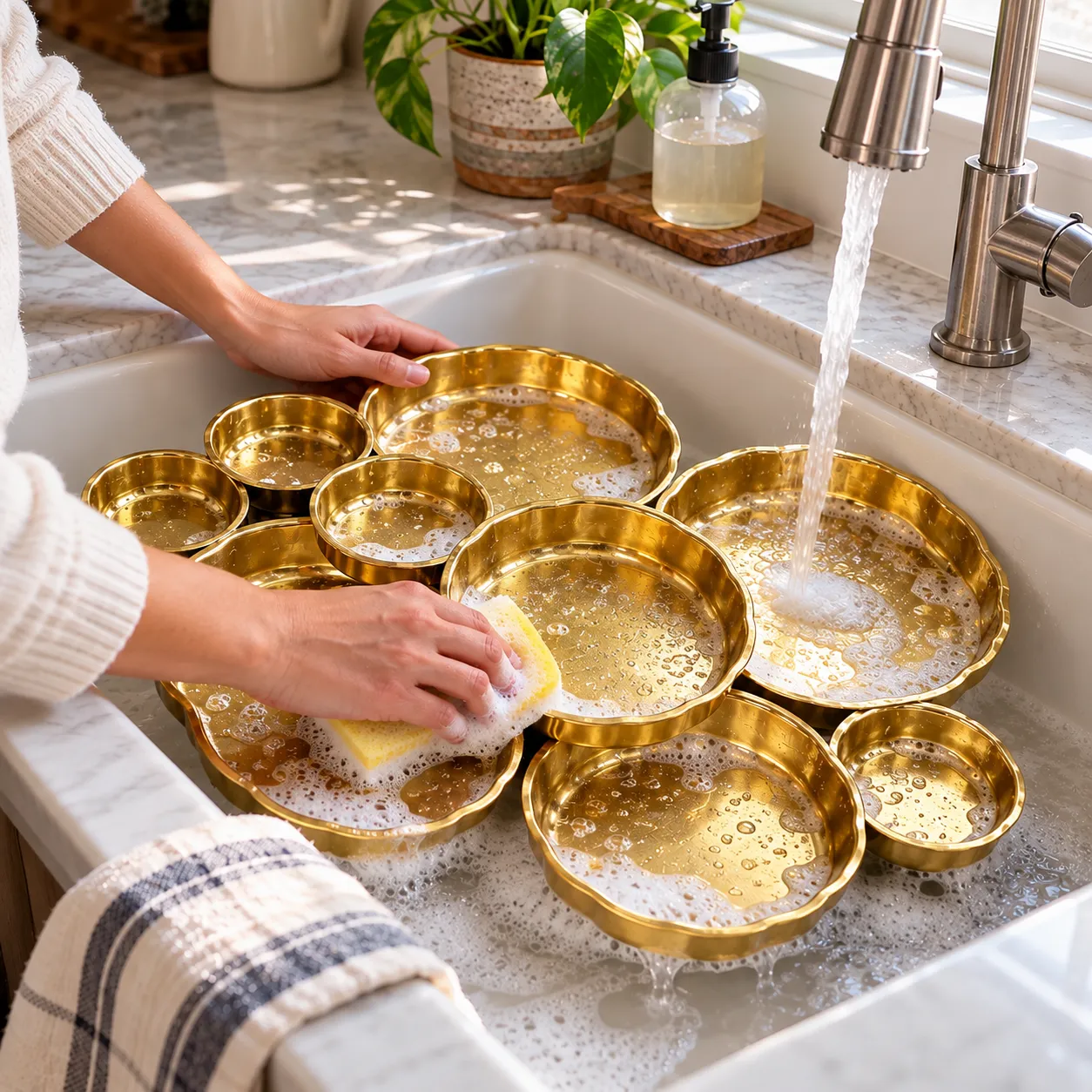 Hand washing the golden serving bowl cluster with a soft sponge