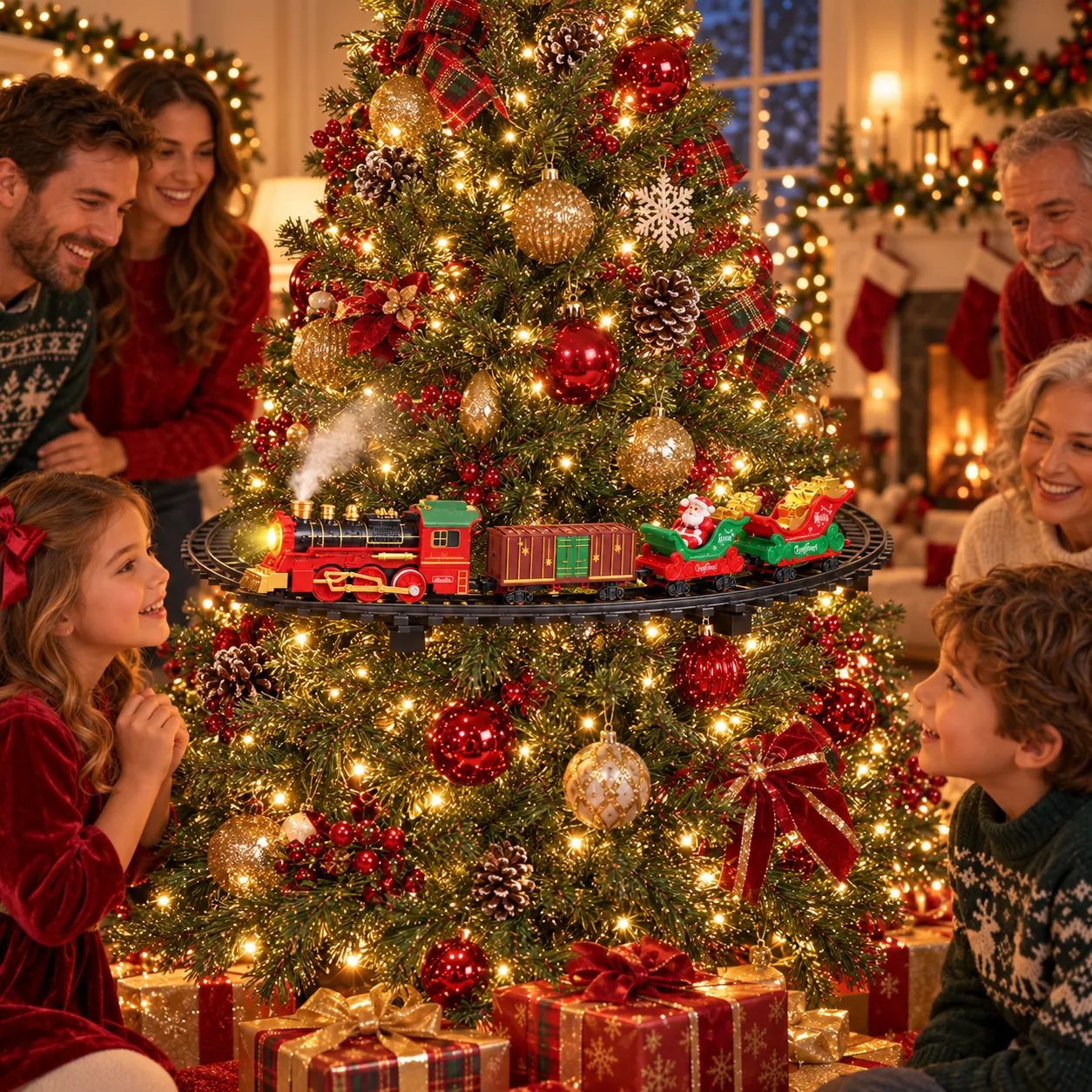 Holiday party guests gathering around the hanging Christmas train