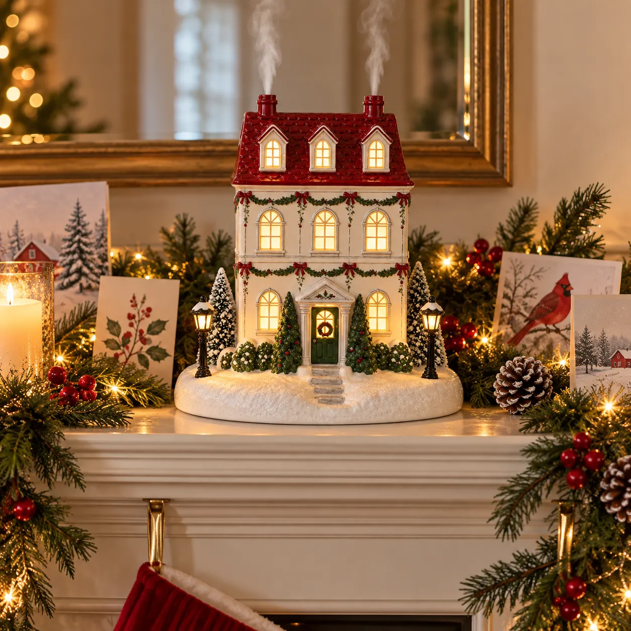 Holly Townhouse diffuser displayed on a decorated mantel
