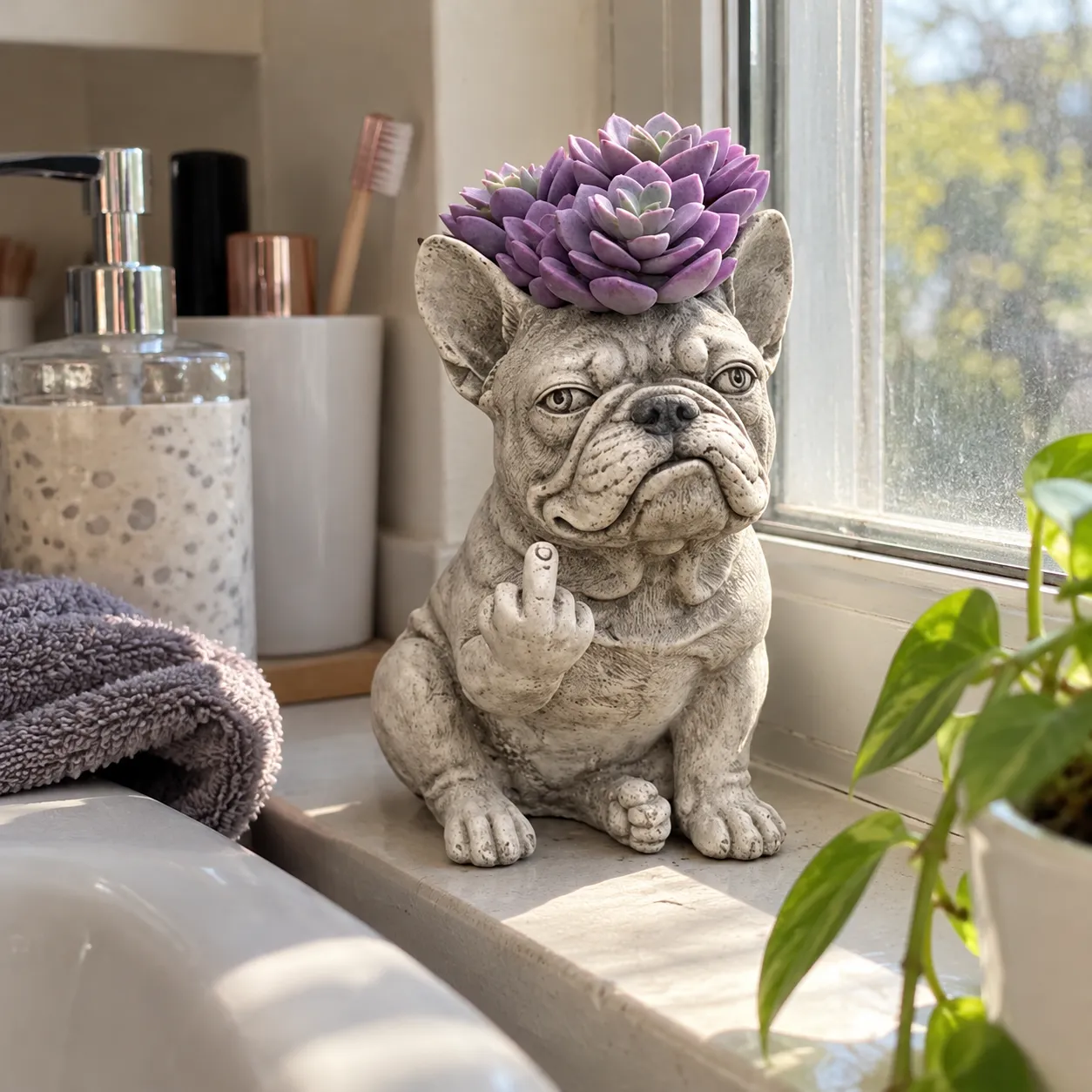 Upright bulldog planter styled on a bright bathroom windowsill
