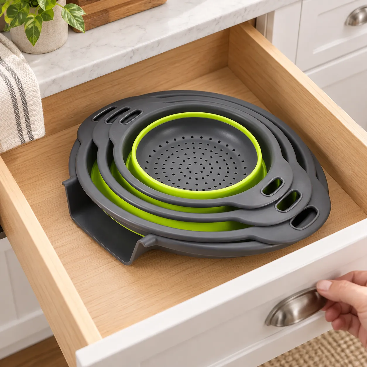 Green three-piece collapsible colander set nested flat with its self-draining base in a kitchen drawer