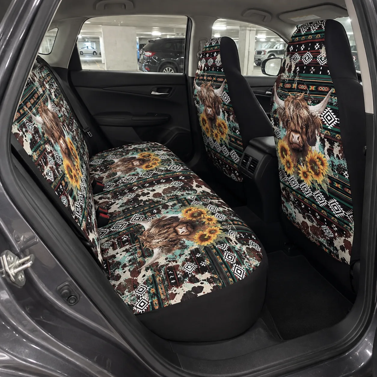 Western Bloom Highland-Rind-Komplettset für Autositzbezüge – Produktabbildung