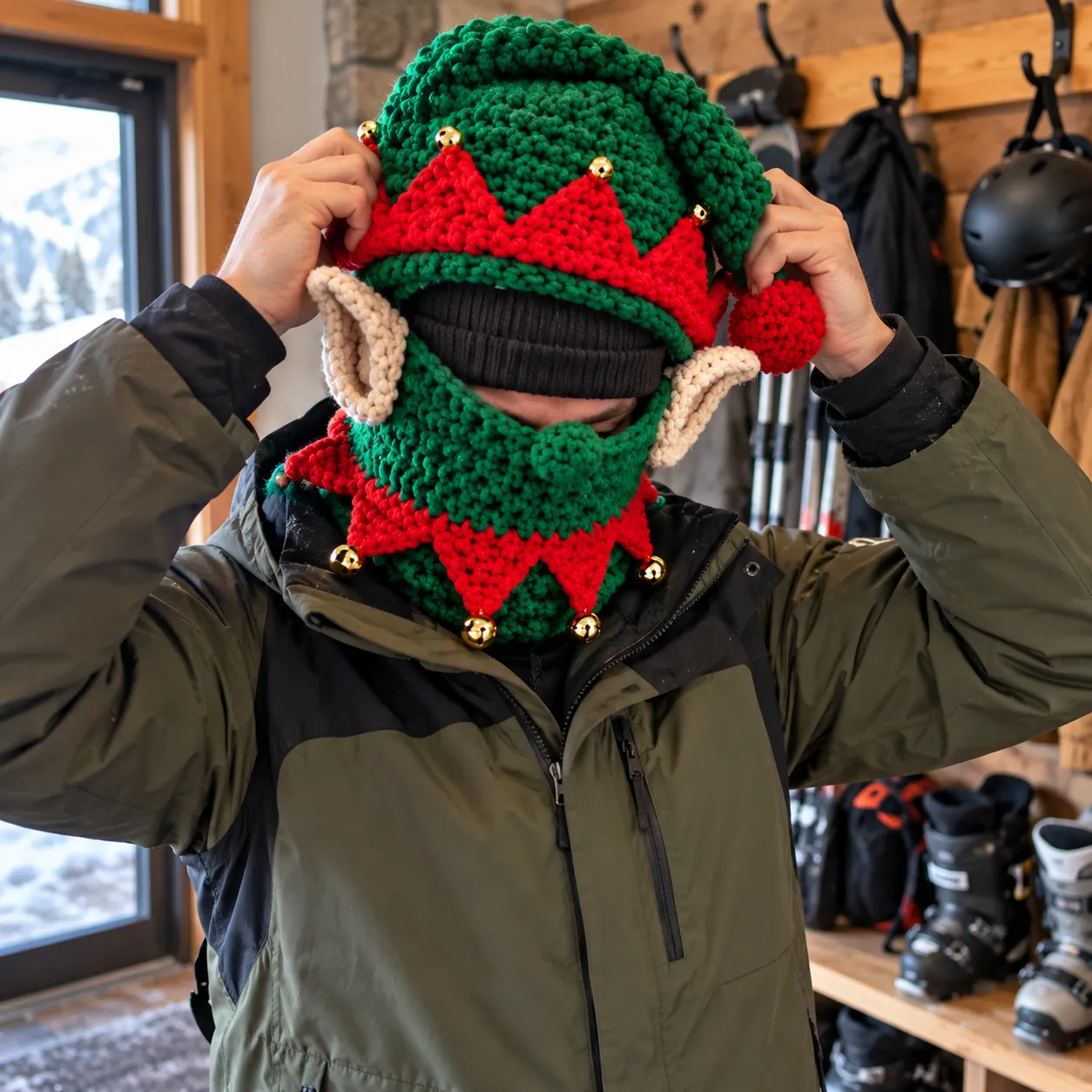 Pulling on the Elf knit mask in a ski gear room