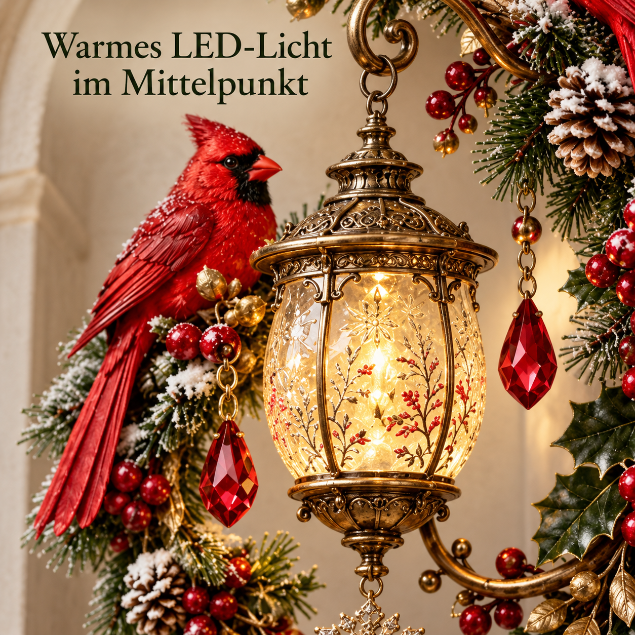 Weihnachts-Wandlaterne mit Kardinalvögeln für warmes Festlicht