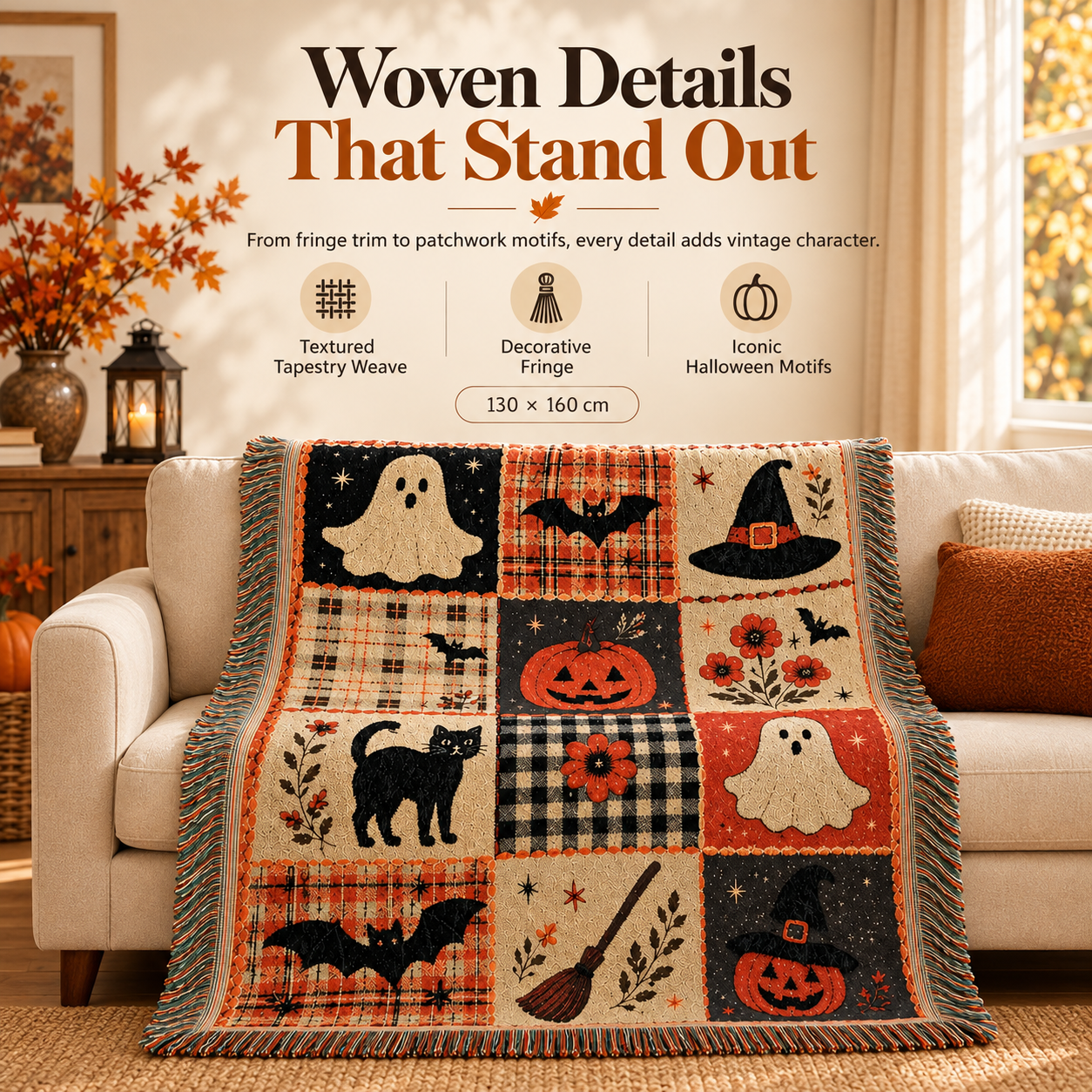 Vintage Holiday Patchwork Woven Throw with Fringe — 51 × 63 in