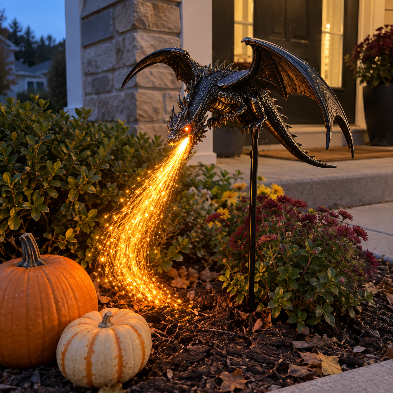 Solar-Drachen-Gartensteckerleuchte leuchtet neben einer Veranda