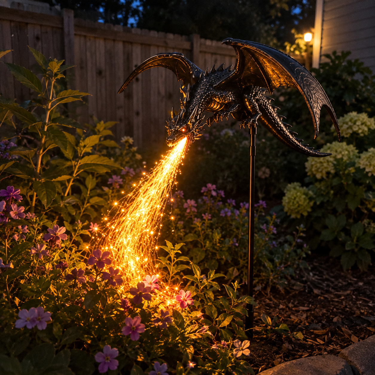 Solar-Drachenleuchte leuchtet zwischen Gartenblumen