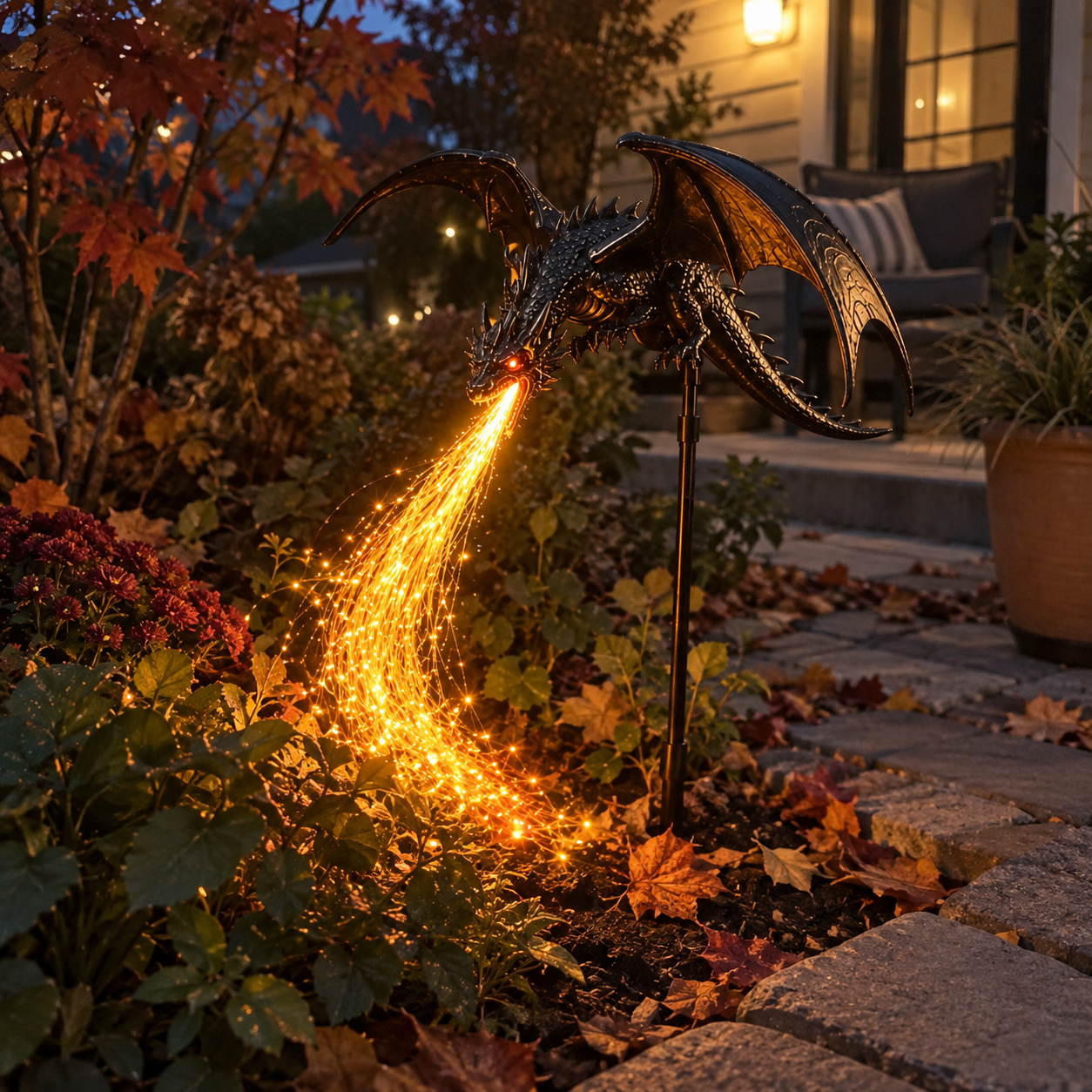 Solar-Drachen-Gartenleuchte leuchtet neben einer Herbstterrasse
