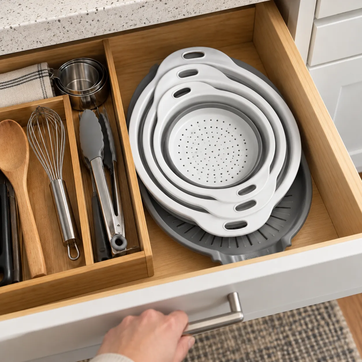 Three collapsed gray and white colanders nested with the drain base in a kitchen drawer