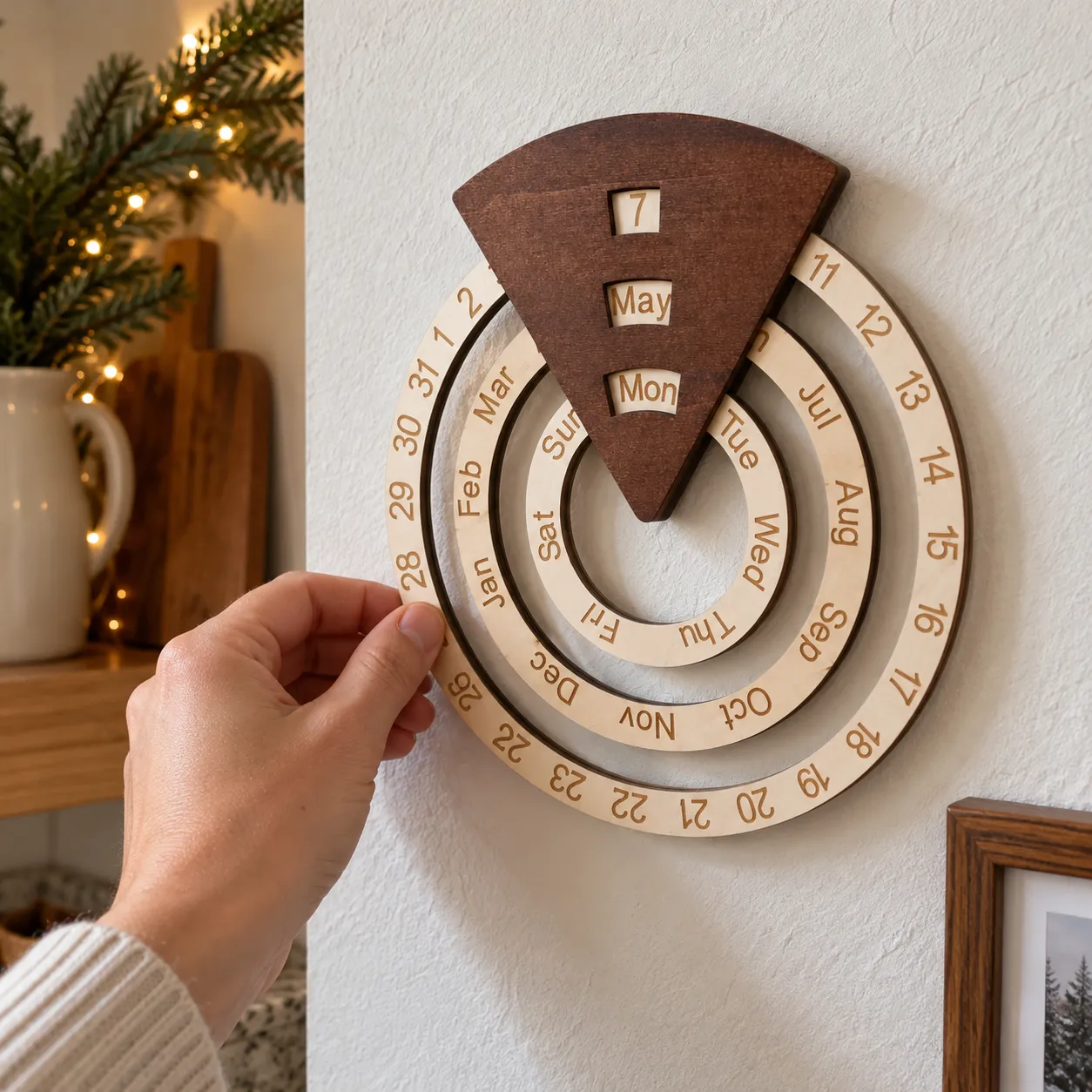 A hand gently rotating the outer ring of the wall-mounted wooden calendar