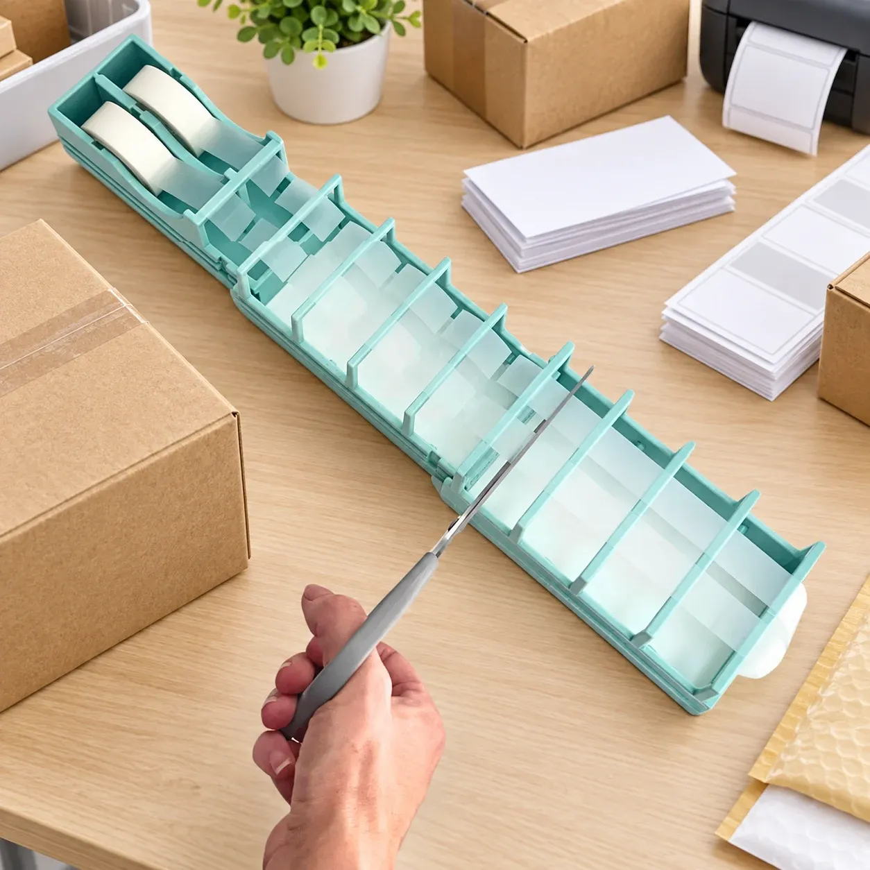 Tape station at a small-business packing table with boxes, mailers, and labels