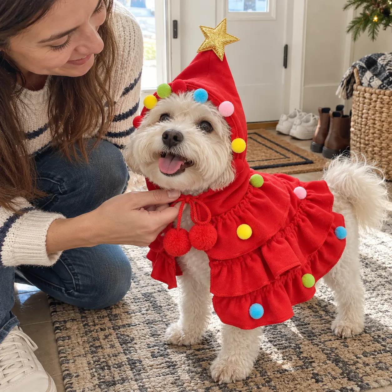 Checking a comfortable neck fit on a small dog wearing the red cape