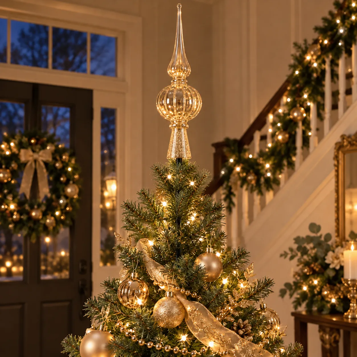 Tall gold glass finial seated at the treetop with its support concealed by the flared base
