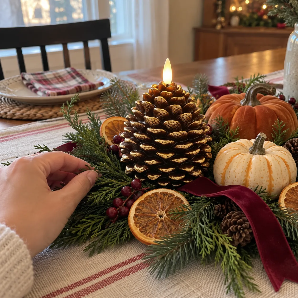 Pinecone candle light styled with evergreen, ribbon, dried orange, and pumpkins