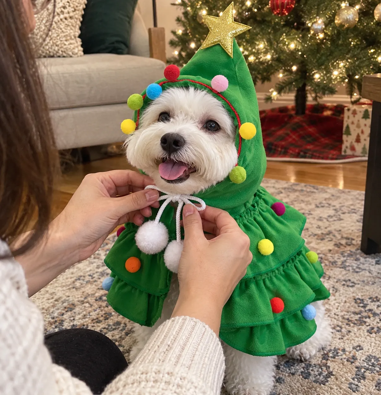 Hands gently tying a green Christmas tree cape under a small dog's chin