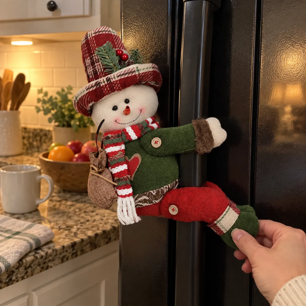 Weihnachtlicher Schneemann an einem schwarzen Kühlschrankgriff