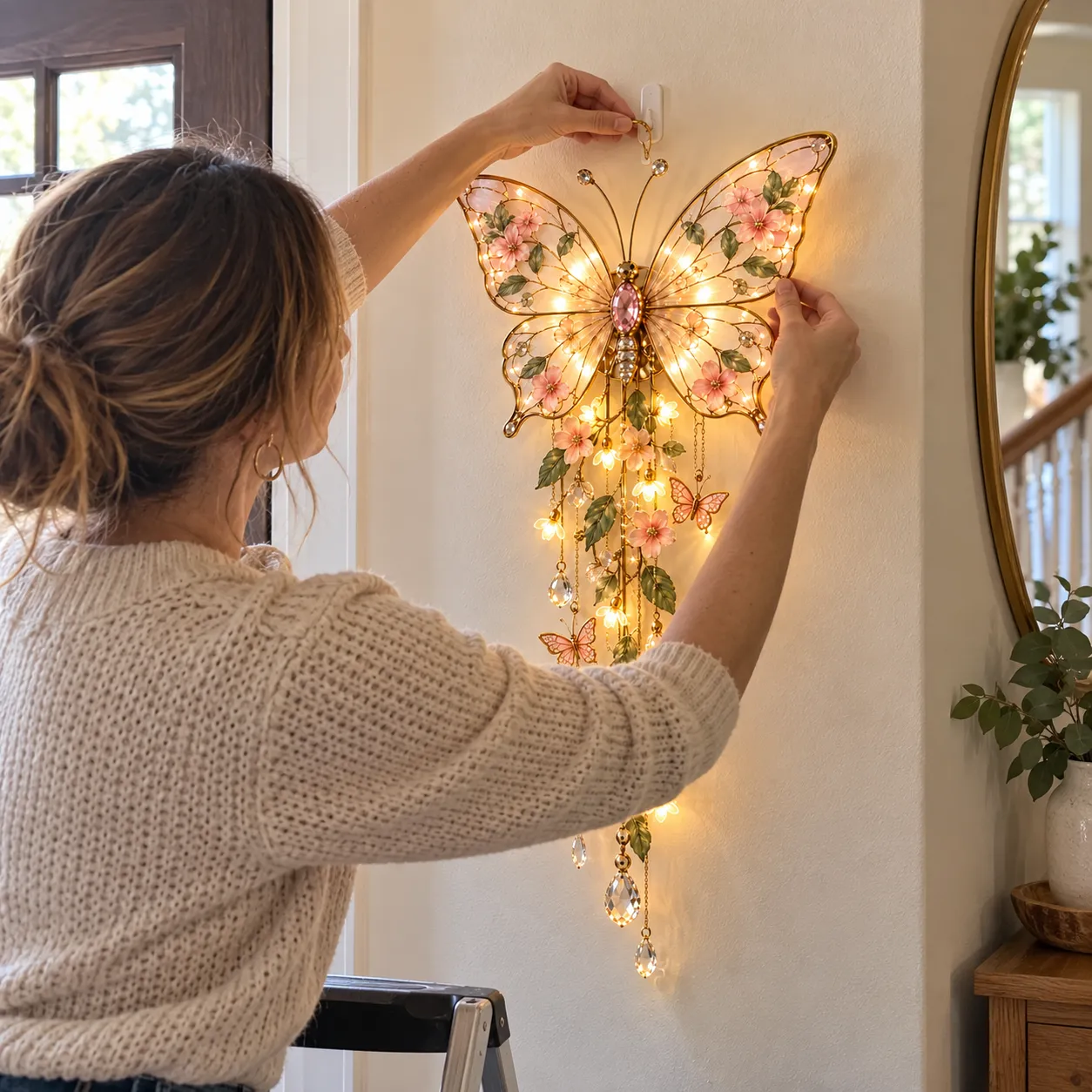 Hands hanging the butterfly garden light from a wall hook