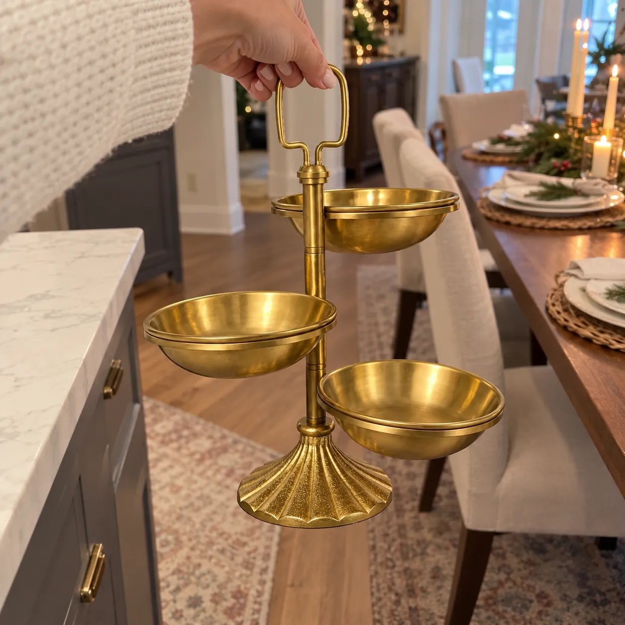 Hand carrying the empty folding serving stand by its top loop