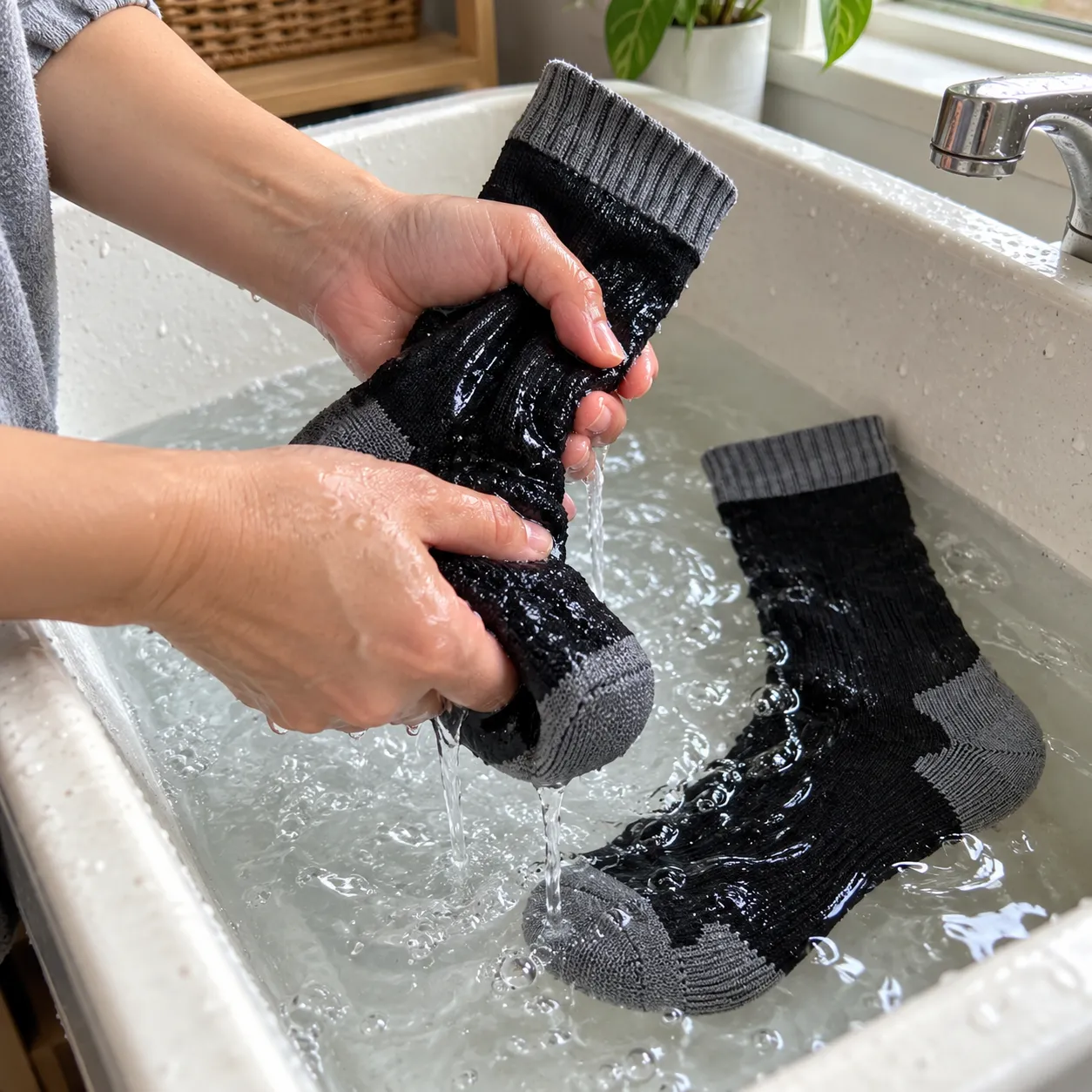 Hands gently rinsing black and gray waterproof socks in a home sink